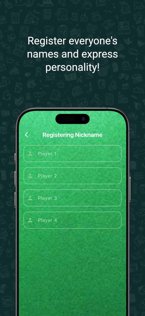 デジタルポーカーチップ計算アプリのプレイヤーニックネーム登録ページを表示するスマートフォンの画面。