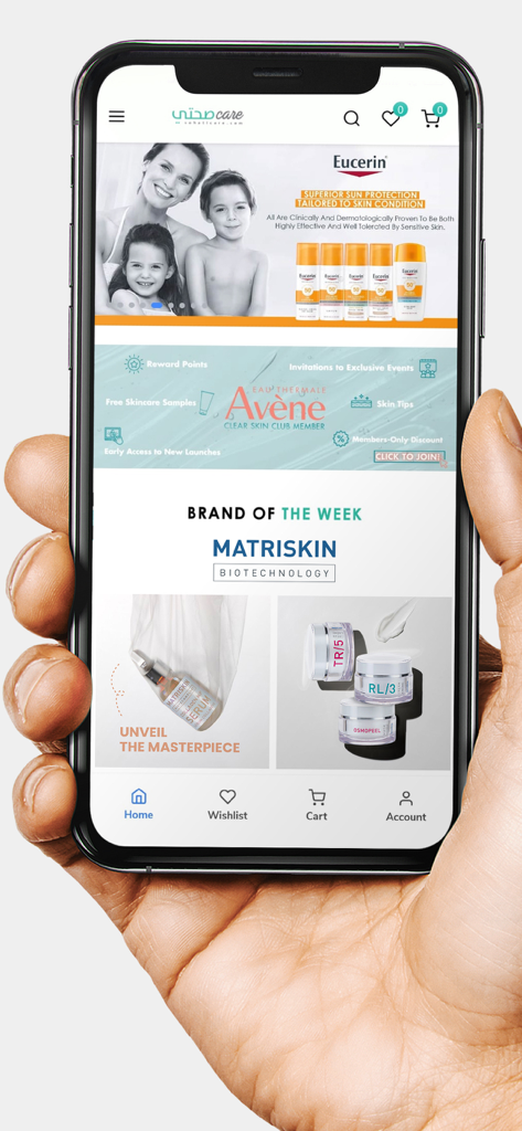 Sohati Care - スキンケア製品のバナーを表示するSohati Careアプリのインターフェースを表示するスマートフォン
