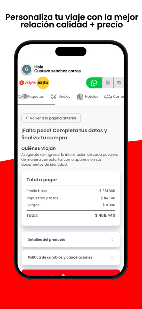 Viajes Éxito - Viajes Exitoアプリのモバイル画面。スペイン語で価格詳細が表示される旅行予約のチェックアウト概要が表示されます。