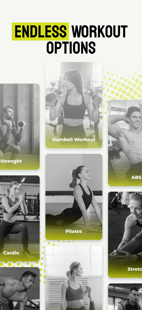 Urban Active plus app screen showing various workout types like Pilates Strength and Cardio