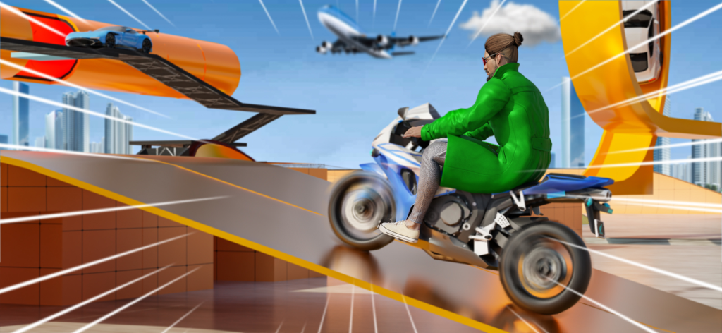 Motorcycles & Car Stunt Games - A motorcycle rider performing a high-speed stunt on a mega ramp over a city skyline
