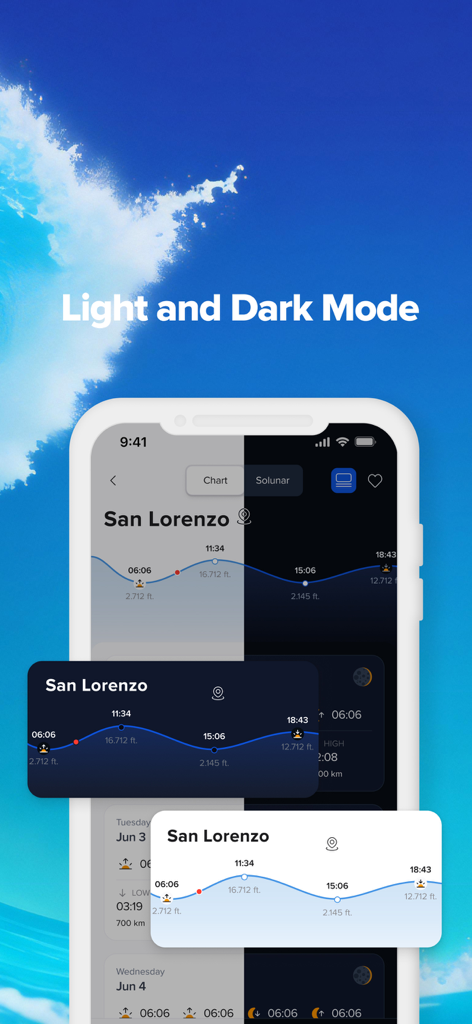 NOAA Tide Chart Pro mobile app interface demonstrating light and dark mode themes with tide graphs and home screen widgets