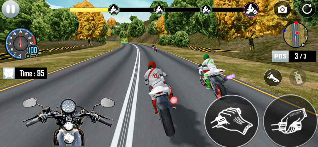 Visão em terceira pessoa de um jogo de corrida de moto com dois pilotos competindo em uma autoestrada