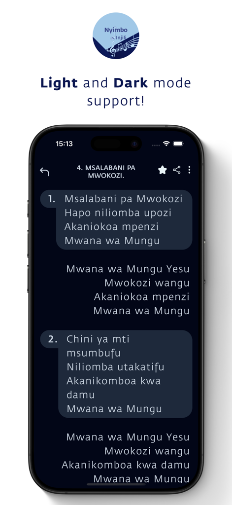 Nyimbo za Injili (MPYA) - A screenshot of the Nyimbo za Injili app displaying Swahili gospel hymn lyrics in dark mode interface.