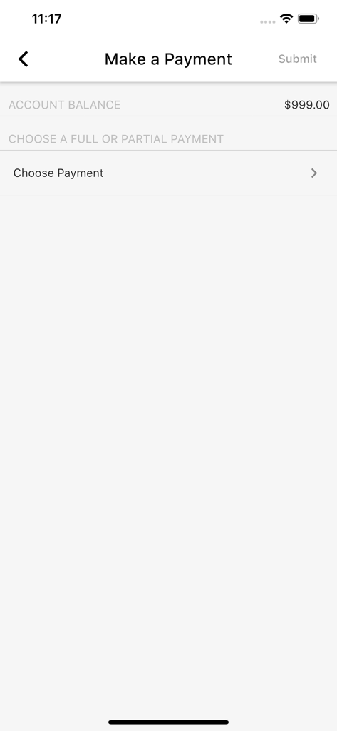 Interface of the myPatientVisit app showing the make a payment screen with account balance information