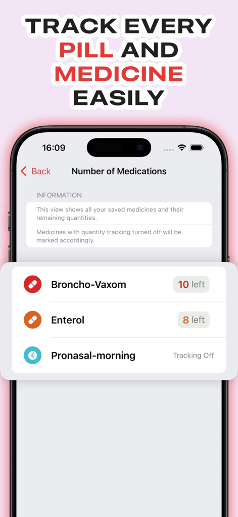 Medisafe Carezone: PillMemo - PillMemo app screen displaying medication inventory and remaining pill counts
