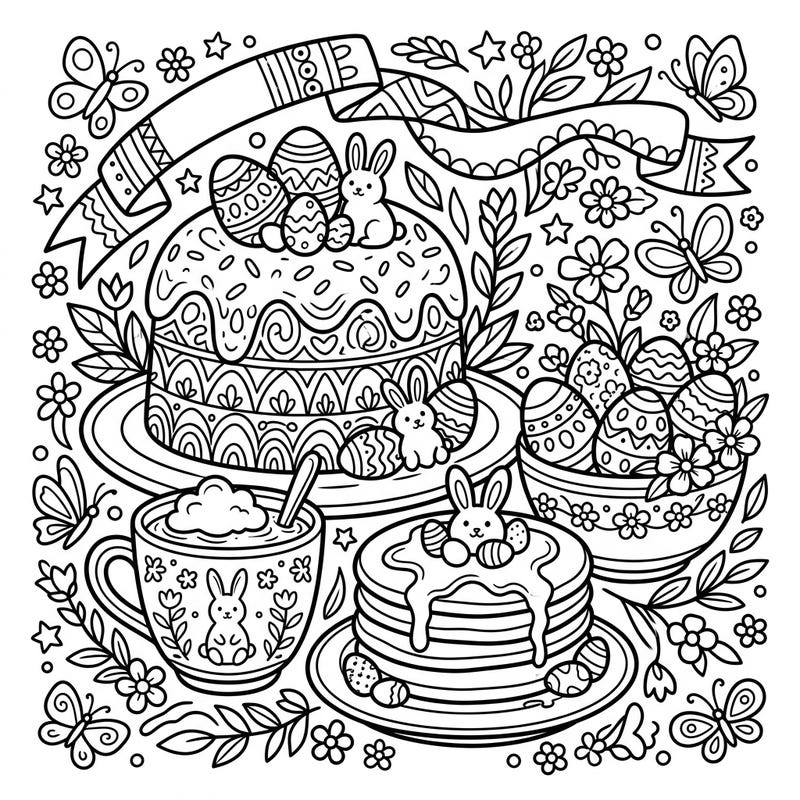 Dive into the festive spirit of Easter with this delightful coloring page, brimming with an array of sweet treats and charming spring motifs. Featuring intricately designed cakes, pancakes, and adorable bunnies, it's perfect for a relaxing and creative holiday activity.