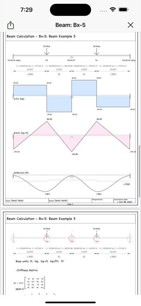 A-Beam* - Detailed beam calculation report showing shear force bending moment and deflection diagrams with a stiffness matrix