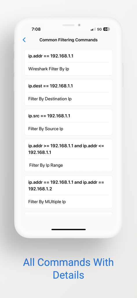 Learn Wireshark app screen showing common IP address filtering commands.