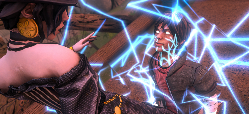 Horror Tale 3: The Witch - Wanda la Bruja usando energía mágica azul para atrapar a un niño pequeño en Horror Tale 3