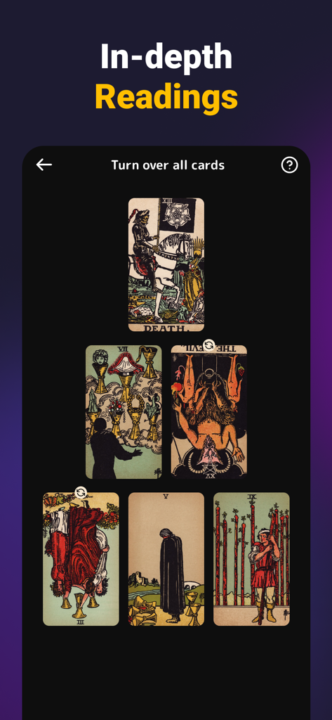 Tarot Card Reading and Meaning - Interfaz de aplicación móvil que muestra una tirada de tarot en profundidad de seis cartas sobre un fondo oscuro.