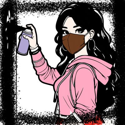 realistic girl with mask spray painting a wall