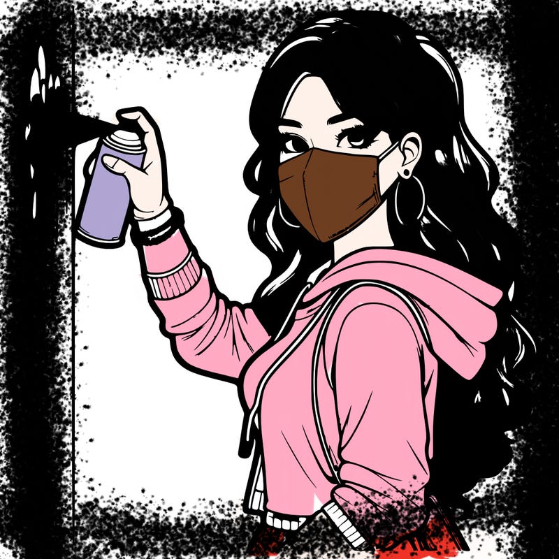 realistic girl with mask spray painting a wall