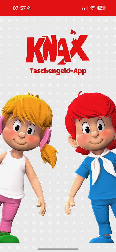 Introductory screen of the KNAX pocket money app featuring two animated child characters