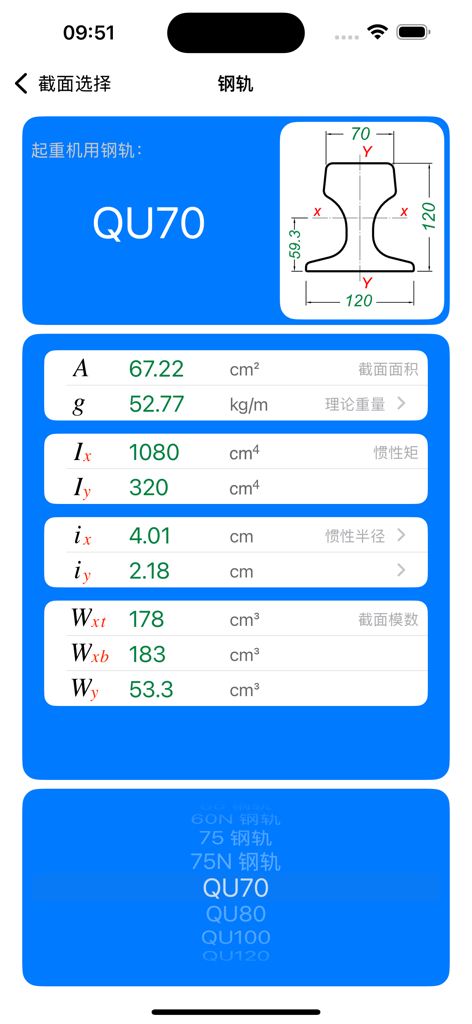 Technical specifications for QU70 crane rail showing dimensions and area in Section Steel Properties app