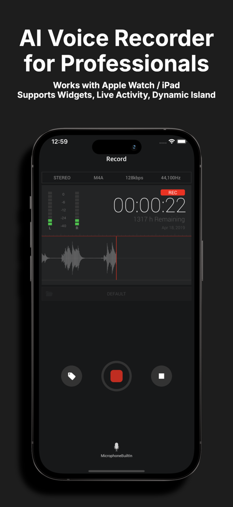 SoundNote AI voice recorder app interface for professionals showing a live recording session on iPhone