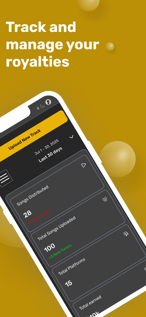 Dashboard of the Freecords app displaying music distribution and royalty stats
