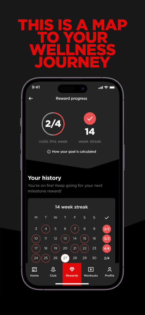 Ecrã de smartphone exibindo sequências de treinos e recompensas por visitas ao ginásio na app Virgin Active.