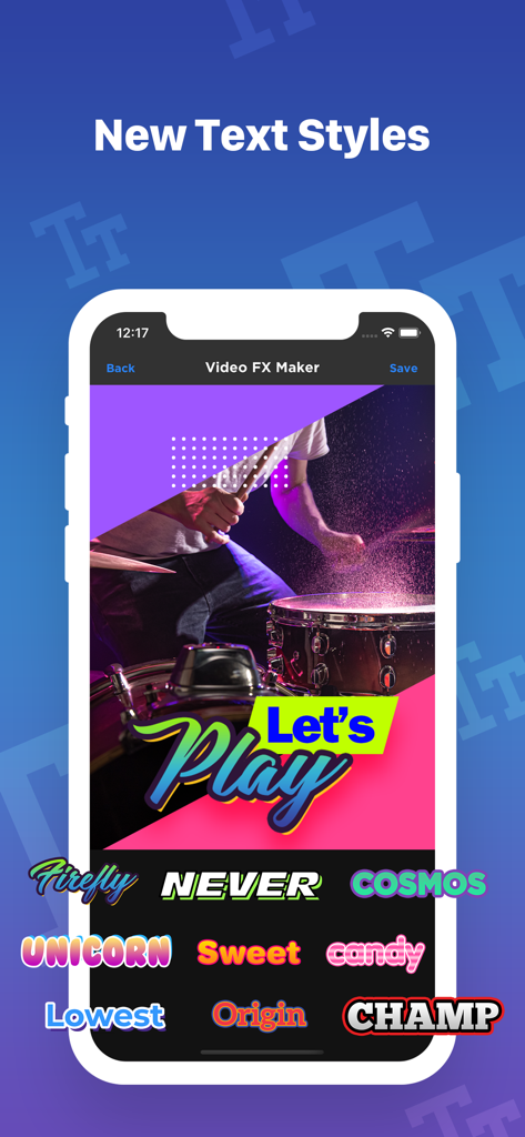 Video FX: Movie Clip Editor - Interfaz de editor de video móvil que muestra una variedad de estilos de texto creativos y superposiciones animadas para contenido de redes sociales