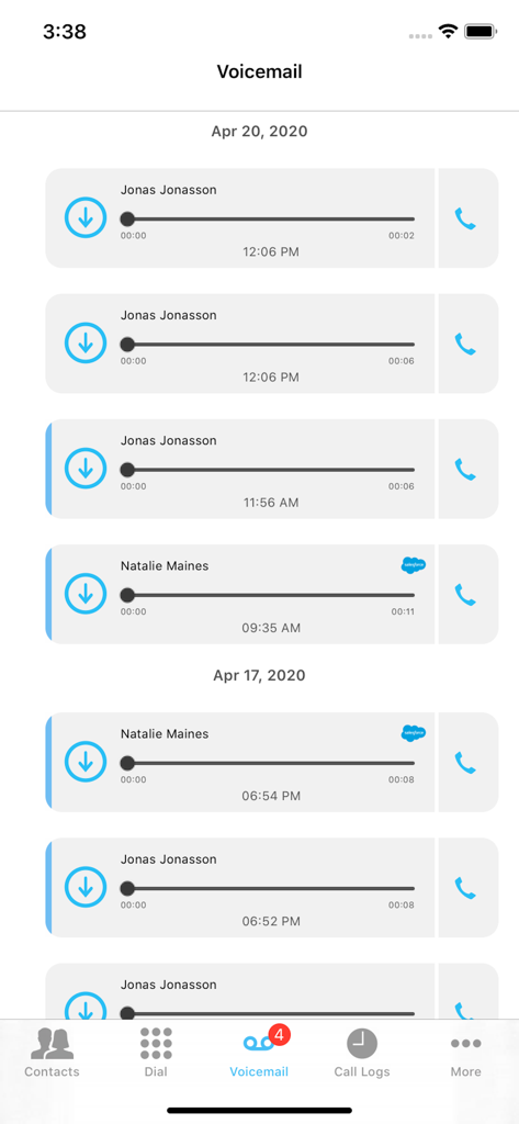 Unity-Mobile - Visual voicemail screen in the Unity-Mobile app showing a list of recorded messages with playback controls and caller names.