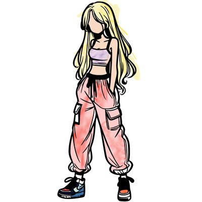 girl in baggy pants crop top and long hair