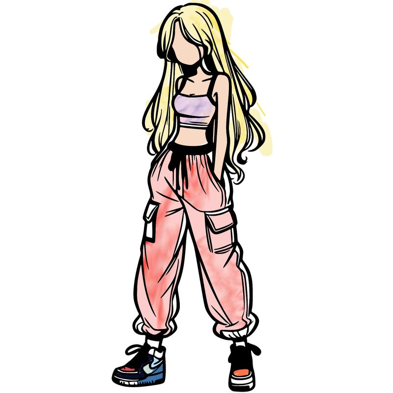 girl in baggy pants crop top and long hair