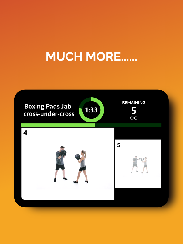 Digital gym display showing a boxing pads workout with a timer and exercise video demonstrations.