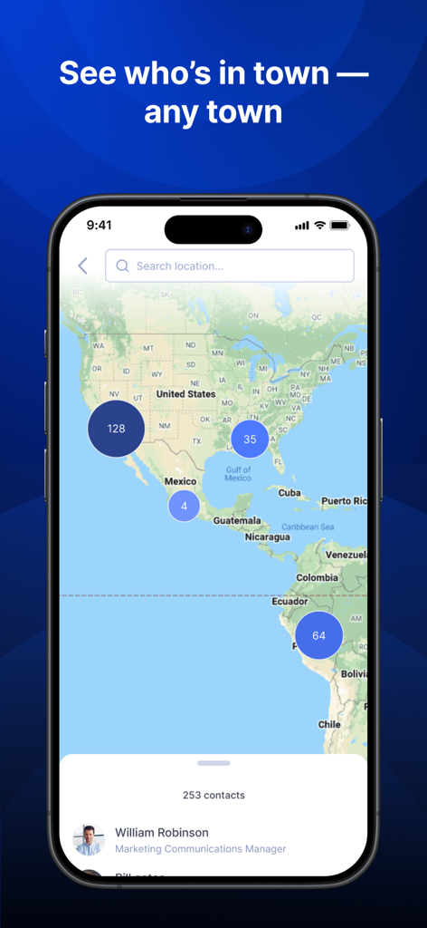 Dex - Rolodex and Personal CRM - Interfaz de mapa de la aplicación Dex que muestra la distribución geográfica de los contactos con una barra de búsqueda y una lista de contactos.