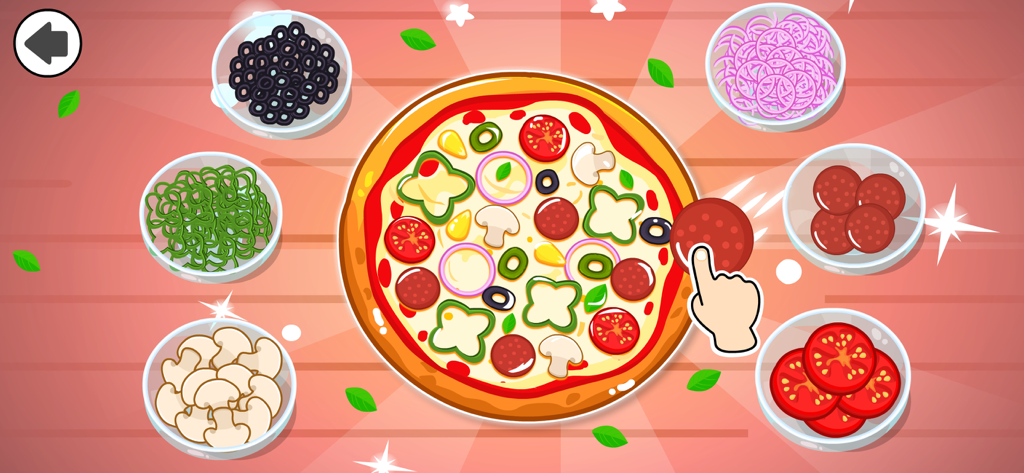 Pizza Maker Games for Kids 2-4 - 子供向けの料理ゲームのインターフェースで、トッピングで飾られたカラフルな漫画のピザ。