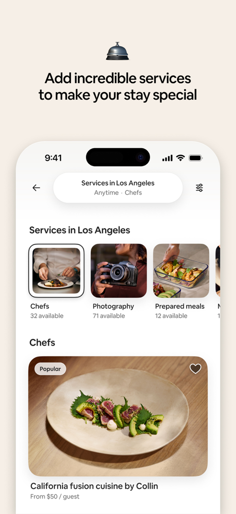 Airbnb mobile app interface showing booking options for private chefs and photographers in Los Angeles.