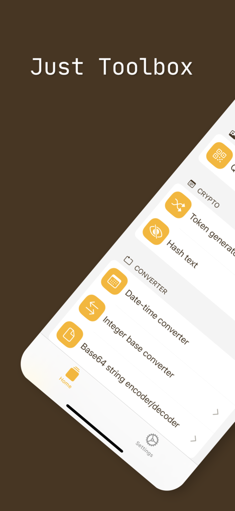 Just Toolbox App-Oberfläche zeigt Entwickler-Tools wie Token-Generator, Hash-Text und Base64-Konverter