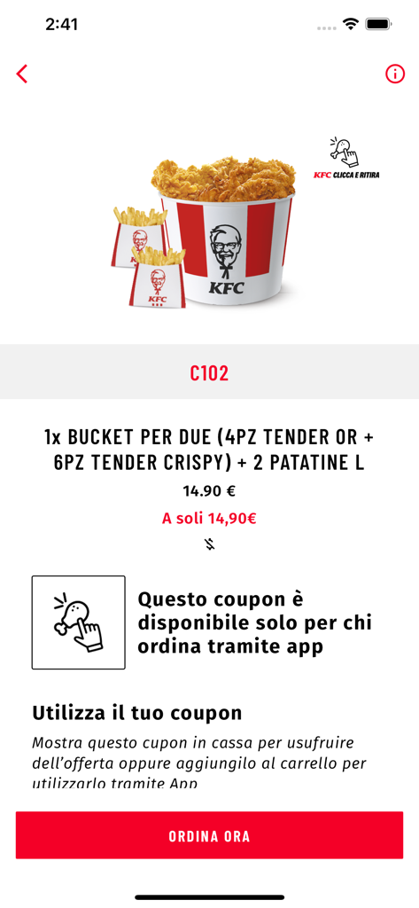 KFC Italia mobile app screen showing a special bucket for two coupon for 14.90 euros including tenders and fries