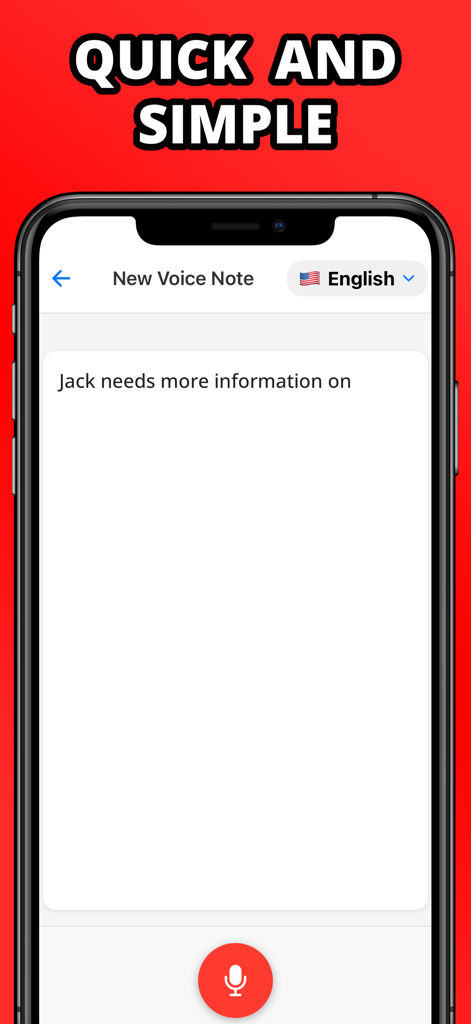 SpeechNotes AI - Voice To Text - Interfaz de la aplicación SpeechNotes AI mostrando una nota de voz siendo transcrita con un botón de grabación rojo
