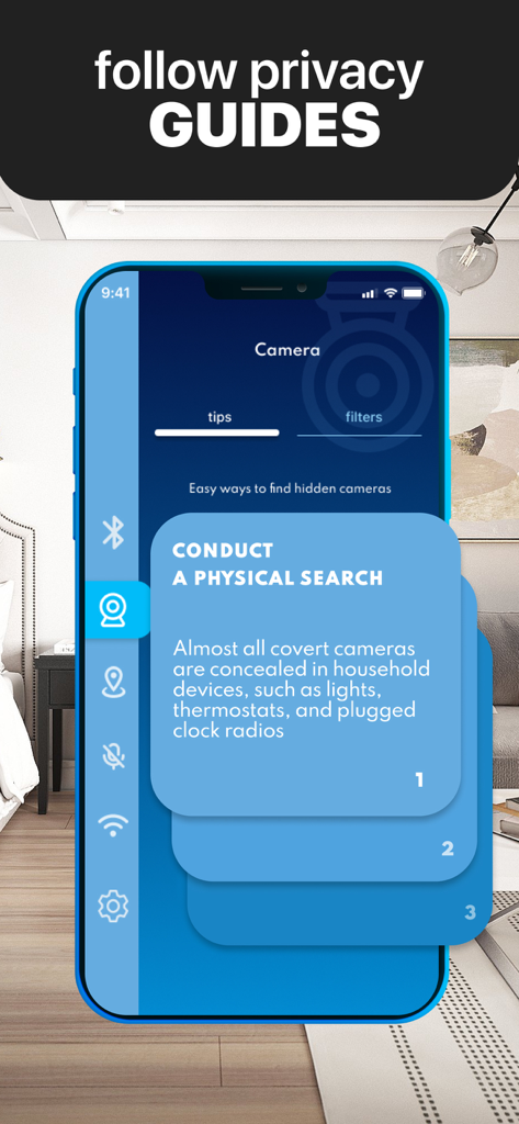 Hidden Camera DETECTOR - WLAN - Interfaz de aplicación móvil que muestra guías y consejos de expertos en privacidad sobre cómo realizar una búsqueda física de cámaras ocultas en dispositivos domésticos.