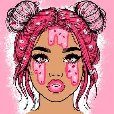 realistic girl with two buns on her hair and lips