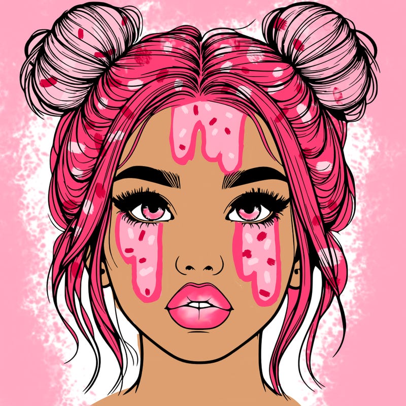 realistic girl with two buns on her hair and lips