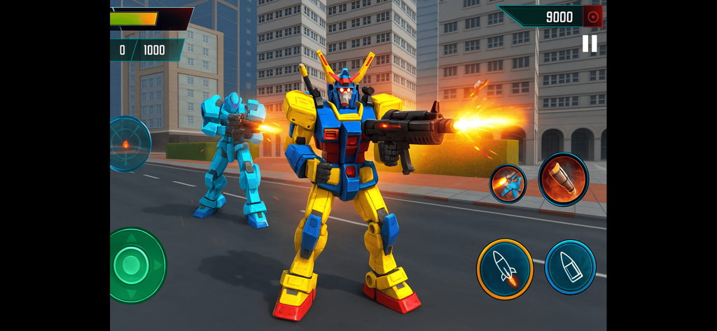 Car Spider Robot Transforming - Jugabilidad de acción con dos robots disparando armas en una calle de la ciudad.