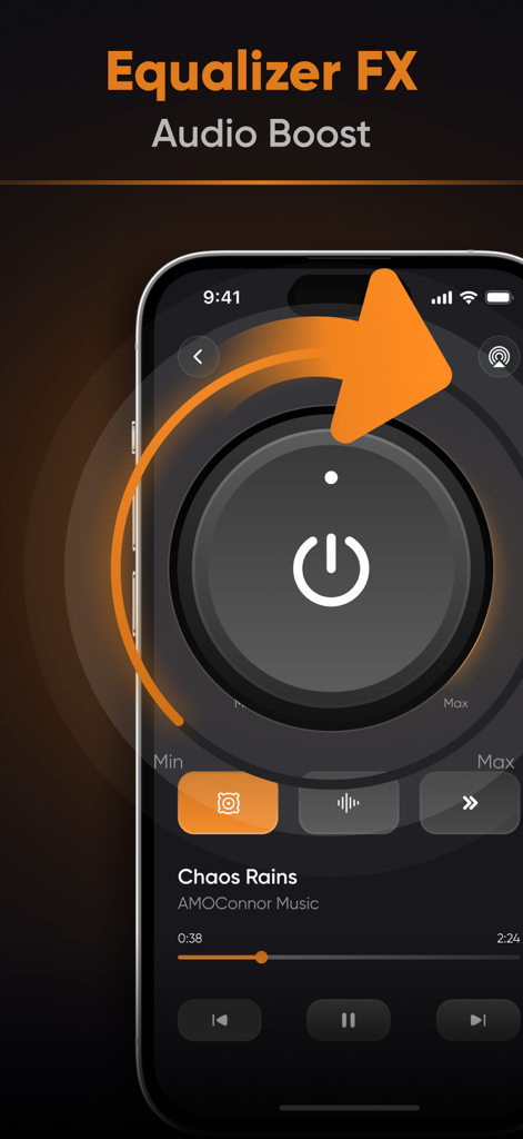 Interface of a bass booster app featuring a central volume boost dial and Equalizer FX text