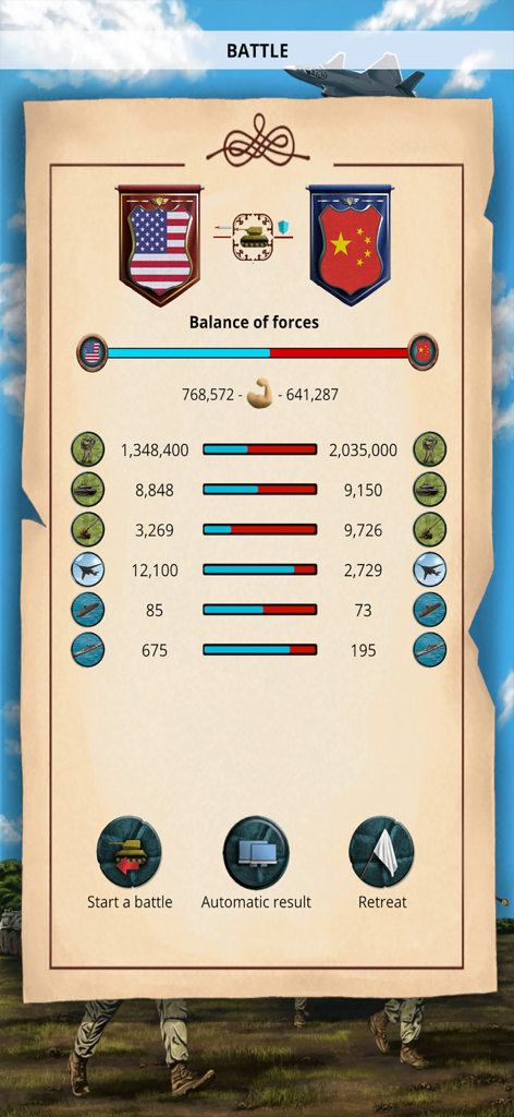 MA 1 – President Simulator - Battle screen comparing military forces between USA and China in MA 1 President Simulator