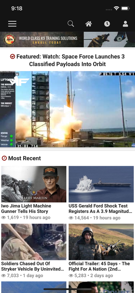 Funker530 - Funker530 모바일 앱의 뉴스 피드 인터페이스 스크린샷으로, 주요 우주군 발사 영상과 최신 군사 뉴스 업데이트가 표시됩니다.