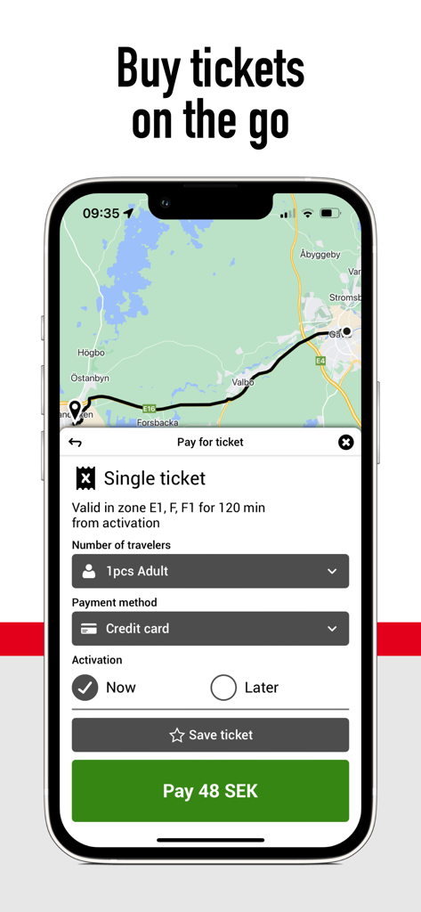 X-trafik - X-trafik mobile app interface for purchasing a single adult transit ticket in Sweden with credit card payment option.