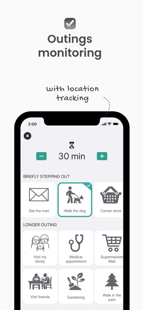 Dooinwell – Daily Check-in - The Dooinwell app interface showing the outings monitoring feature with a timer and activity icons such as walking the dog or visiting family.