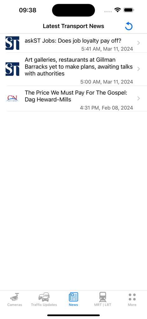 SG Traffic Cameras & Updates - Interface of the SG Traffic app showing the latest transport news feed with articles from local Singaporean sources