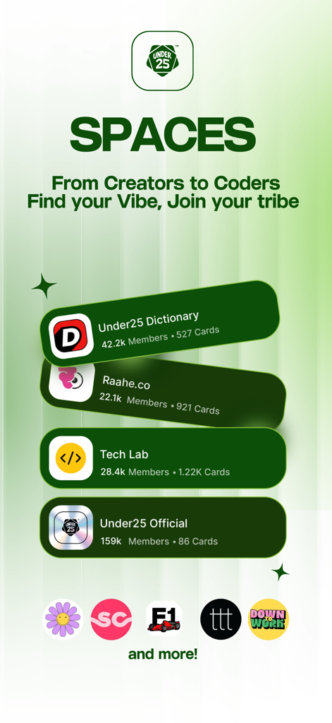 A screen from the Under 25 app titled SPACES showing different student interest groups like Tech Lab and Under25 Official with member counts.