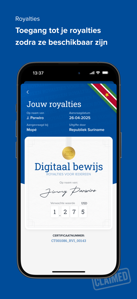 Mopé - Schermata dell'app Mope che mostra un certificato di royalties digitali rivendicato con un valore in USD