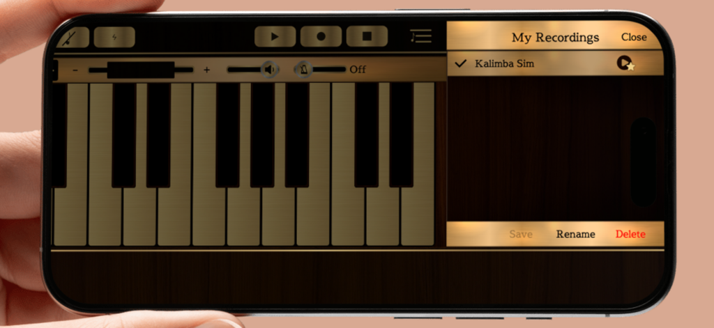 音楽キーボードと保存された録音のリストを備えたKalimba Simアプリを表示するスマートフォン。