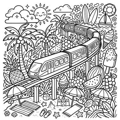 Embark on an exciting journey with this monorail coloring page set in a bustling summer vacation scene. Discover palm trees, sandy beaches, delicious treats, and endless fun waiting for your creative touch.