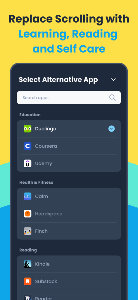 Clarymind: Focus + Self Care - Interface of Clarymind app showing a list of productive alternative apps to replace scrolling categorized by education health and reading