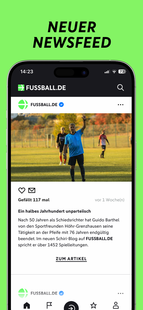 FUSSBALL.DE - 독일 아마추어 축구에 대한 이야기를 담은 뉴스피드를 표시하는 FUSSBALL.DE 앱 인터페이스