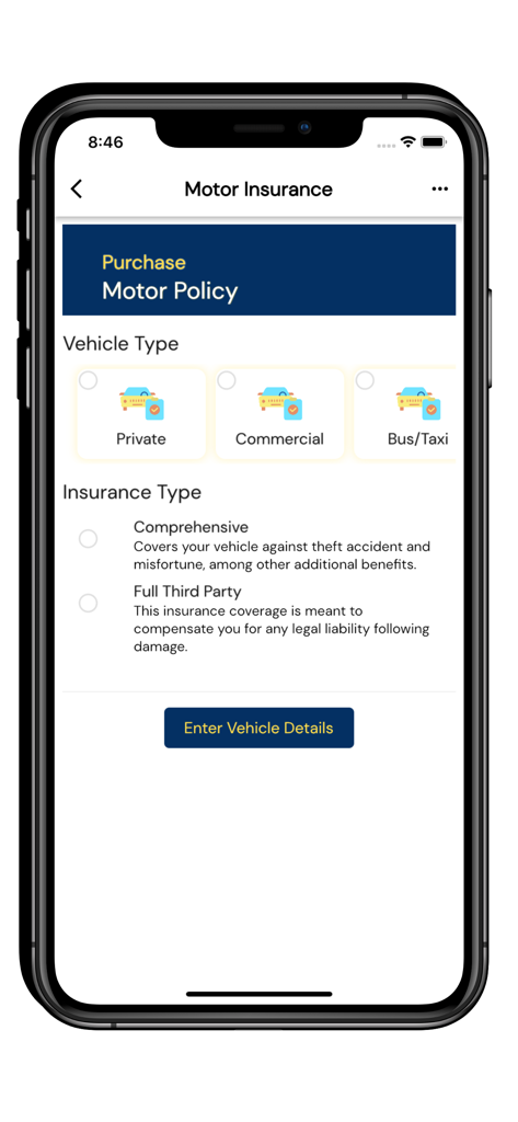 My PICZ - My PICZ app motor insurance selection screen showing options for private or commercial vehicles and policy types